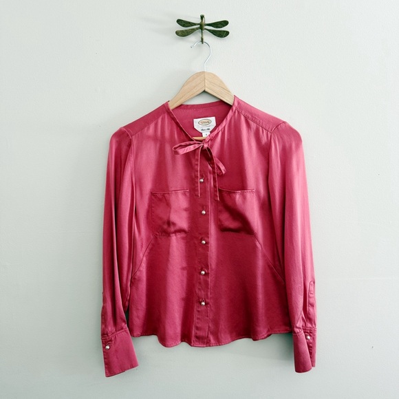 Vintage Tops - Vintage Silk Raspberry Red Necktie Blouse with Pearl Buttons